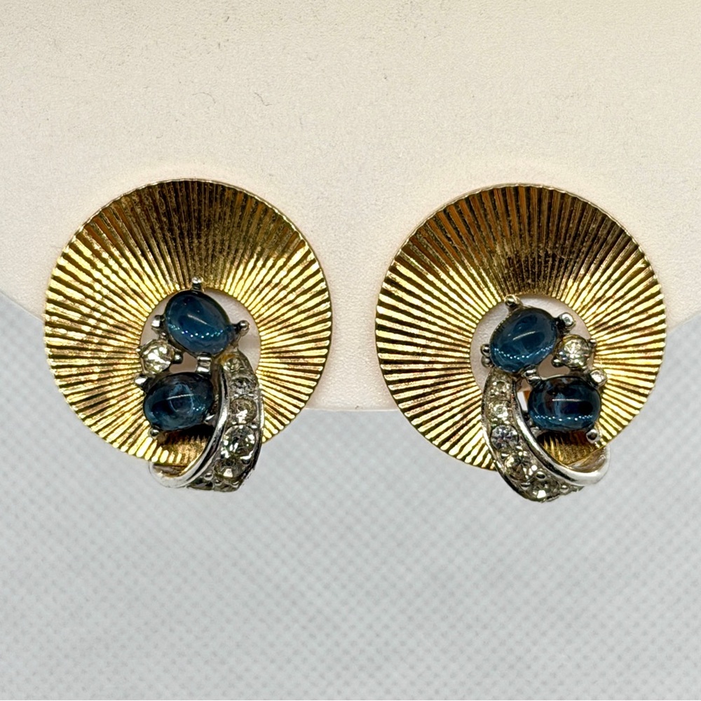 Marcel BOUCHER Art Deco Gold Tone Sapphire Crystal Disc Clip On Earrings Vintage